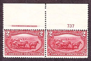 US 286 2c Trans-Mississippi Mint Plate #737 Top Pair F-VF OG NH SCV $160 - Picture 1 of 1