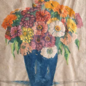 Käte Hoch Blumen in blauer Vase Münchner Secession sign Farbholzschnitt 20 Jh - Bild 1 von 4