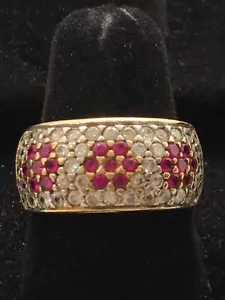 Solid 14K Yellow Gold 0.84CTW Created Ruby & White CZ Cluster Ring 8.5gr. - Picture 1 of 12