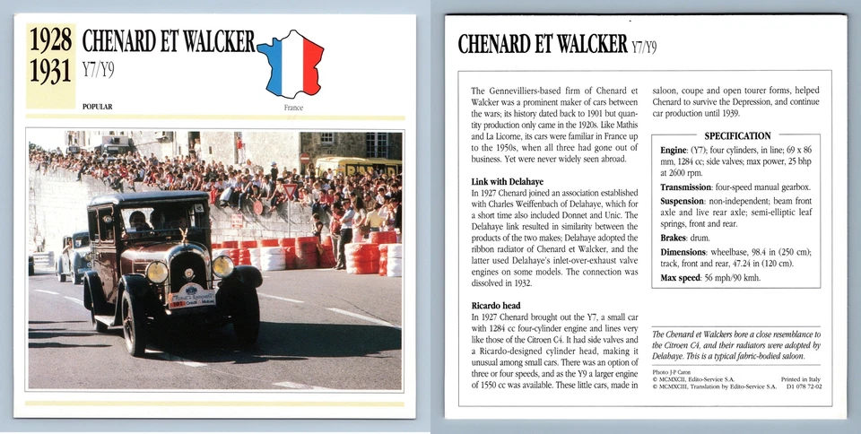 Chenard Et Walcker - Y7/Y9 - 1928-31 Popular - Classic Cars Collectors Club Card - Image 1 of 1