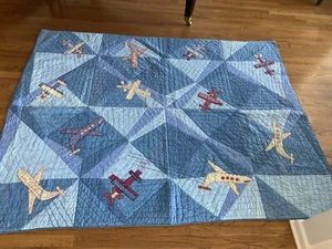 Vintage Pottery Barn Kids Airplane Quilt Blue Ivory Red Twin Comforter 86”x64” - Picture 1 of 15