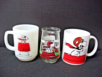 LOT 3 SNOOPY red baron ANCHOR HOCKING + ceramic COFFEE MUGS + Welch's Glass - Image 1 of 4
