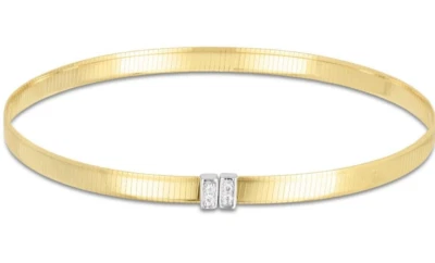 14k Yellow Gold 7" Omega 0.04ctw Natural Diamond Bar 4 MM  Chain Cuff Bracelet Foto 1 de 4
