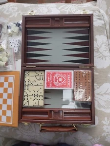 Magnetic Brown Faux Leather Travel Games Compendium Dominoes Cribbage Dice NEW - Picture 1 of 16