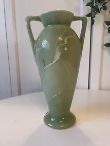Vintage Green Veined Ceramic Vase Twin Handled Art Deco Italian Vibe - Picture 1 of 7