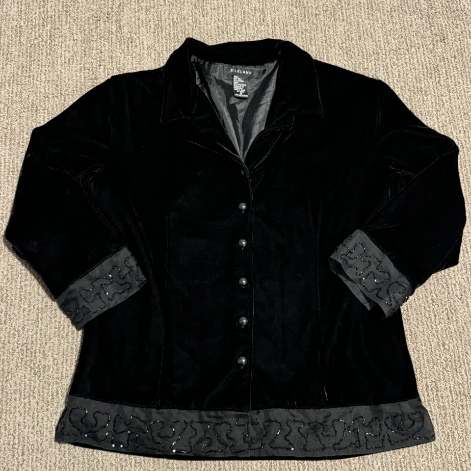 Silkland Womens 8 M Velour Velvet Shirt Jacket Beaded Hem Whimsigoth Holiday - Image 1 of 4
