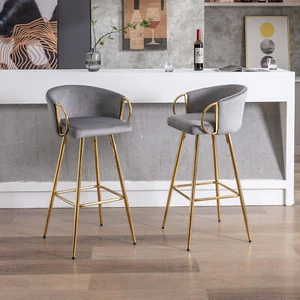 2Pcs26" Bar Stools Dining Chairs Seat Chrome Footrest+ Velvet Backrest+ Gold Leg - Picture 1 of 14