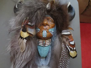 STUNNING Native American Indian Spirit Chief Face Head Mask Fur Vtg Wall Art - Picture 1 of 5