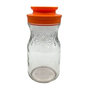 Vtg Anchor Hocking TANG 7.75" Clear Glass Juice Carafe Daisy Orange Plastic Lid - Picture 1 of 13