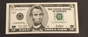 2001 STAR NOTE $5 LOW SERIAL NUMBER CL 00475077 Crisp uncirculated - Picture 1 of 2