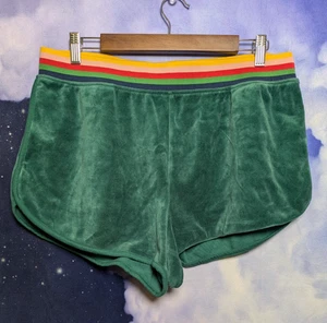Emerald Green Velour Shorts with Rainbow Waistband Size Medium Retro Sporty Y2K - Picture 1 of 9