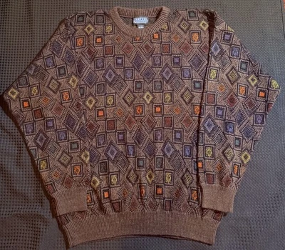 Vintage JANTZEN Classics Men Sweater Sz XL Brown Multicolor Geometric 1980s - Image 1 of 4