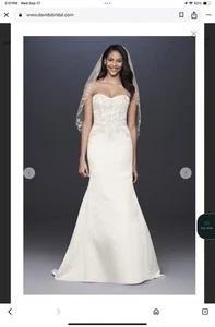 David’s Bridal Satin Trägerlos A-Linie Perlen Spitze Elfenbein Brautkleid Größe 6 - Bild 1 von 18