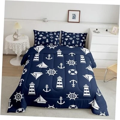  Juego de Ropa de Cama Náutica,Niños Niños Niñas Talla Velero y Estampado de Ancla Doble Azul Foto 1 de 4