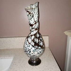 RARE Vintage Dble Neck Twisted Handblown Stretch Vase Spatter Slag Murano Style - Picture 1 of 17