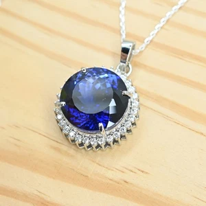 Certified 16.5 Ct Natural Round Blue Sapphire Halo Style Pendant in 925 Silver - Picture 1 of 9