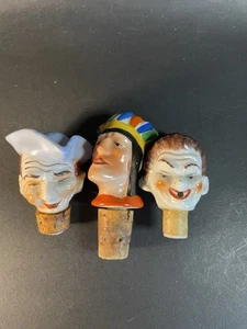 3 Vintage Porcelain Ceramic Handpainted Bottle Cork Pourer 1 Native American - Picture 1 of 17