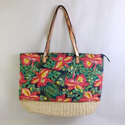 Magid Tropical Floral Pattern Straw Beach Tote Shoulder Bag - Image 1 of 4