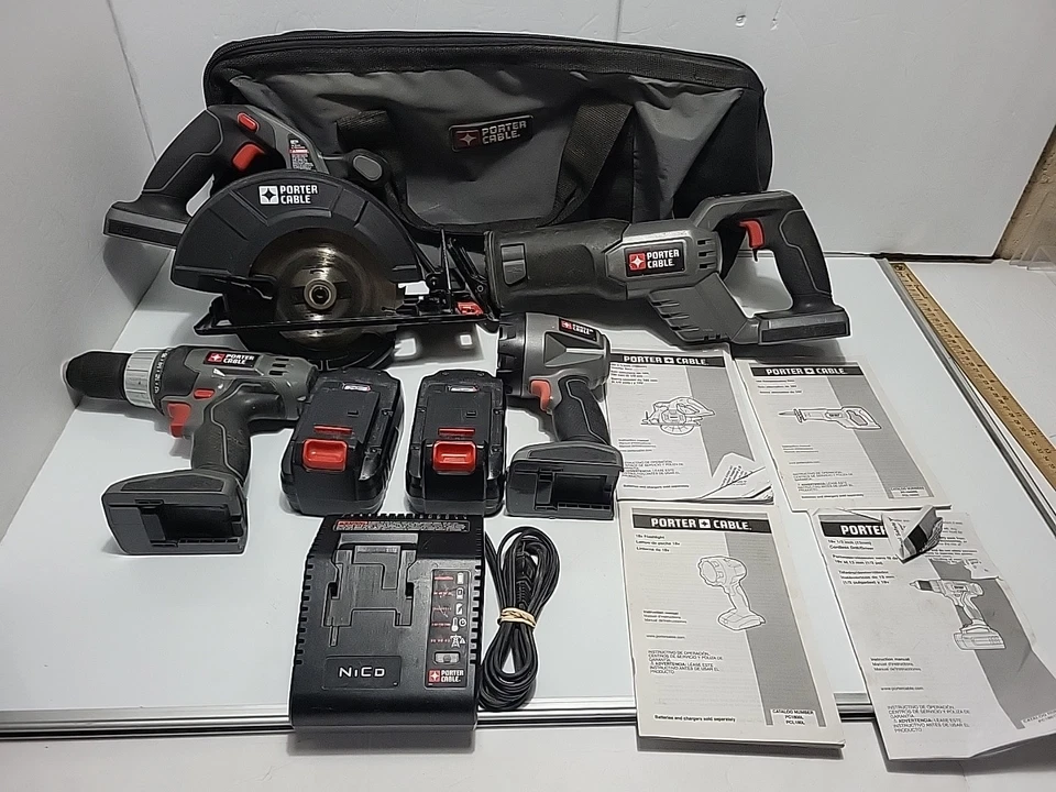 Porter Cable 18v Tool Set Lot Of 4 Charger Bag And 2 Batteries Tested Working - Image 1 of 4