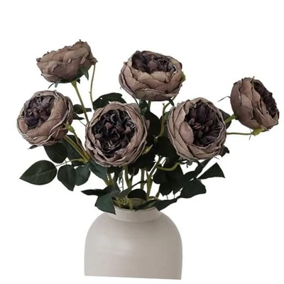  6Pcs Artificial Roses Flowers Fake Silk Roses Flower with Long Stem Burnt Grey - Image 1 of 4
