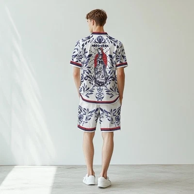 Jonvi Silk Blend Virgin Mary Print Camp Collar Short Sleeve Shirt NWT Size 5XL - Image 1 of 4