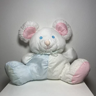Fisher Price Puffalumps White Mouse Plush Blue Stripes Stuffed Animal Toy - Image 1 of 4