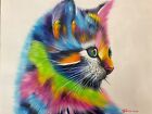 Multicolor cat on white background oil painting on canvas 20 x 24”
