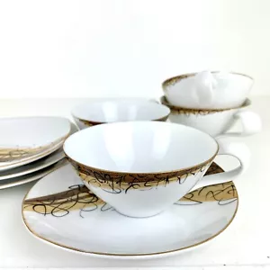 Juego De 4 Tazas Y Platillos Narumi Fina China Japón Garabato Patrón MCM Artístico Raro - Imagen 1 de 7