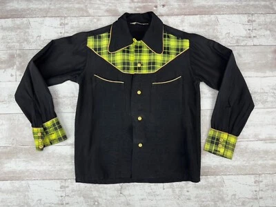 Vintage 50s Childrens Western Cowboy Shirt Black lime green plaid Model - Image 1 of 4