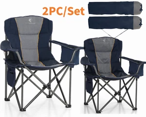 2 Piece Folding Camping Chair Outdoor Portable Chair Camping w/ Cup Holder Blue - Picture 1 of 12