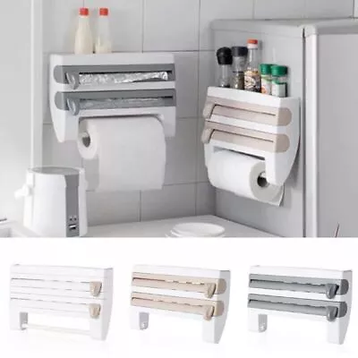 Multifunction Kitchen Shelf Wall Mount Cling Film Cutter Paper Towel Bottle Rack - Image 1 of 4