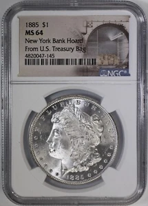 1885 Morgan Silver Dollar NGC MS64 New York Bank Hoard Vault Label Blast White - Picture 1 of 2