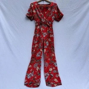 Zara Blumen Jumpsuit weites Bein V-Ausschnitt rot XS Extra Small - Bild 1 von 12