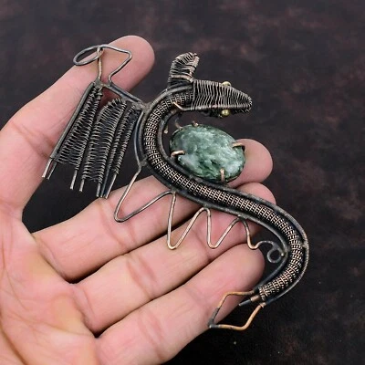Colgante Dragón Ovalado Piedra Serafinita Boda Madre Étnico Envuelto Alambre Cobre Foto 1 de 4
