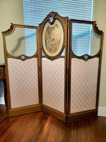 Mid Century French Louis xvi style room Divider, Plaster Cameos + Glass Windows Cover