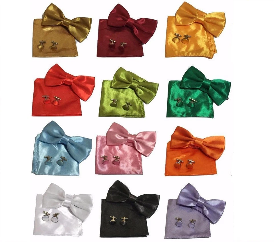 UK Men Satin pocket Square Handkerchief + bow tie + cufflinks 3pcs Set - Image 1 of 1