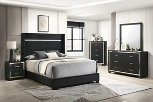 NEW Black Silver Queen King 5PC Contemporary Bedroom Set Velvet Modern B/D/M/N/C - Picture 1 of 9