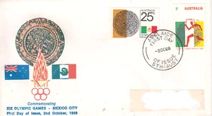 Australia 1968 XIX Juegos Olímpicos Ciudad de México Set 2 sellos FDC GPOADELAIDA cancelar - Imagen 1 de 1
