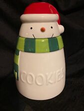 Hallmark 9” Ceramic Snowman Cookie Jar, Santa Hat, Green Stripe Scarf, EUC