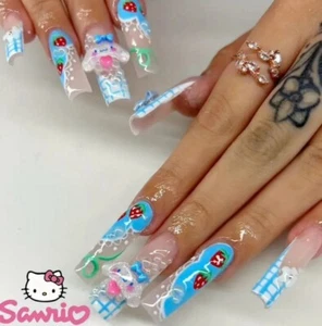 Sanrio XL Coffin Nails – Strawberry & Blue Plaid French 3D Pearls & Flowers - Picture 1 of 3