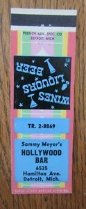 DETROIT, MICHIGAN MATCHBOOK COVER: HOLLYWOOD BAR MATCHCOVER (SAMMY MEYER) -D - Picture 1 of 2