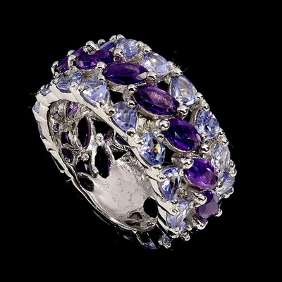 Anillo de plata de ley 925 marquesa amatista tanzanita piedras preciosas joyería talla 8,5 Foto 1 de 4
