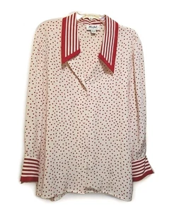 Top in seta Misho taglia 16 panna con stampa a pois rossi bottoni maniche lunghe blusa - Foto 1 di 7