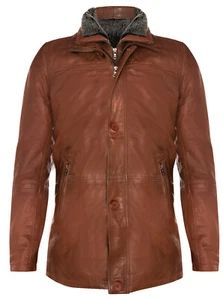 Men's Tan Leather Jacket Classic Removable Collar Mid Length Warm Overcoat - Picture 1 of 6