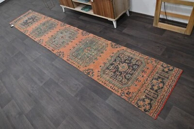 Vintage Turkish Runner Rug 2x12ft ORANGE Handmade Anatolian Oushak Hallway Wool - Image 1 of 4
