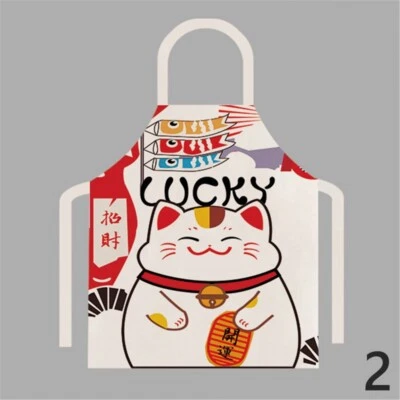 Japanese Linen Sweet Aprons Sleeveless Fortune Cat Household Restaurant Oilproof - Image 1 of 4