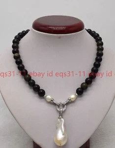 Natural Gold Obsidian Crystal White Baroque Pearl Dainty Necklace 6-14mm 16-48'' - Picture 1 of 12