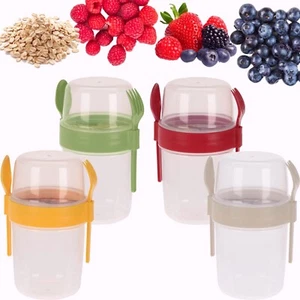 Joghurt Topf Mehrweg Deckel mit Löffel Gabel Salat Overnight Oats To Go 4 Stück 1100ml - Bild 1 von 16