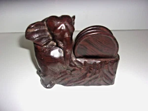 Wood Carved Elephant Coaster and Holder Set  - Picture 1 of 2