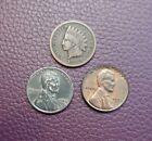 Old Us Coins, Lot Of 3 One Cent 1889 Indian Head, 1943 Lincoln Steel & 1959 